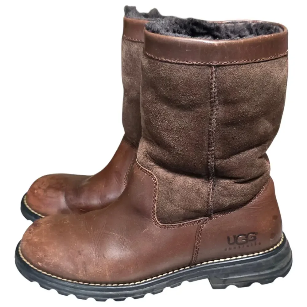 UGG Australia Brooks 5381 Boots Womens 7 Brown Leather Shearling Lined Lug Sole